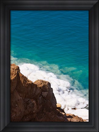 Framed Deposit of salt and gypsum by the cliff in Dead Sea, Jordan Print