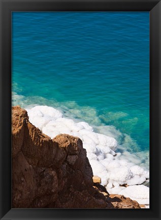 Framed Deposit of salt and gypsum by the cliff in Dead Sea, Jordan Print