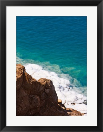 Framed Deposit of salt and gypsum by the cliff in Dead Sea, Jordan Print