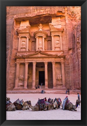 Framed Camels at the Facade of Treasury (Al Khazneh), Petra, Jordan Print