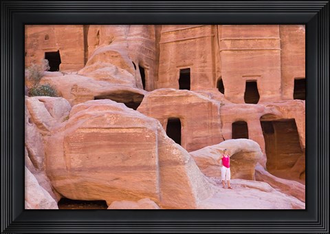 Framed Tourist with Uneishu Tomb, Petra, Jordan Print