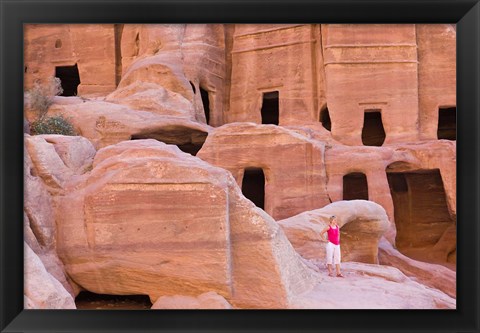 Framed Tourist with Uneishu Tomb, Petra, Jordan Print