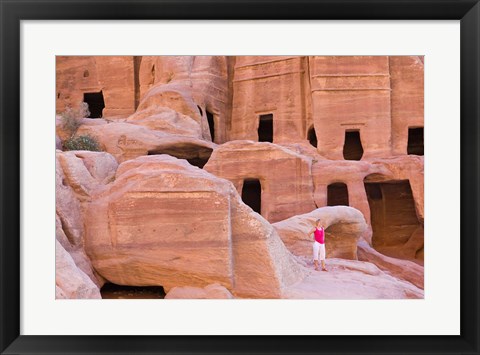 Framed Tourist with Uneishu Tomb, Petra, Jordan Print