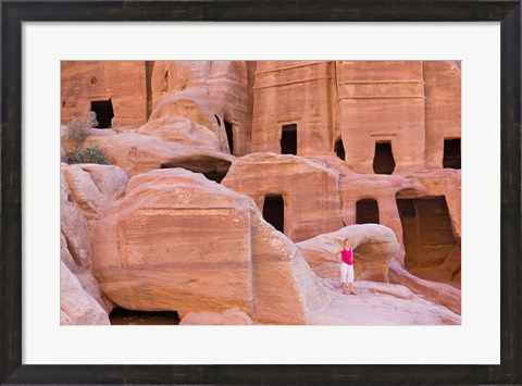 Framed Tourist with Uneishu Tomb, Petra, Jordan Print