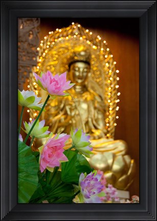 Framed Pink lotus flowers in front of gold statue, Kek Lok Si Temple, Island of Penang, Malaysia Print
