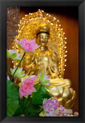 Framed Pink lotus flowers in front of gold statue, Kek Lok Si Temple, Island of Penang, Malaysia Print