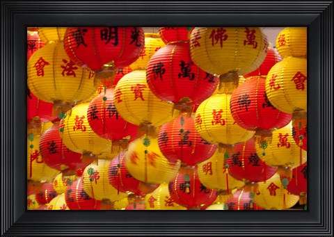 Framed Red and yellow Chinese lanterns hung for New Years, Kek Lok Si Temple, Island of Penang, Malaysia Print