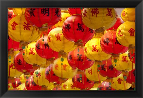 Framed Red and yellow Chinese lanterns hung for New Years, Kek Lok Si Temple, Island of Penang, Malaysia Print