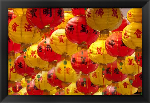 Framed Red and yellow Chinese lanterns hung for New Years, Kek Lok Si Temple, Island of Penang, Malaysia Print