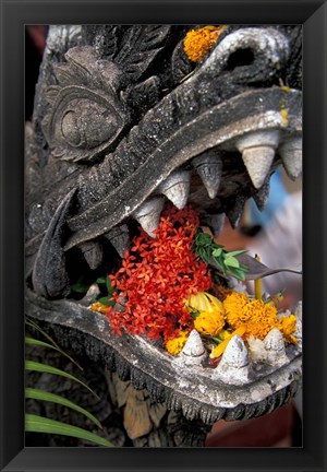 Framed Flower Offerings in Stone Dragon&#39;s Mouth, Laos Print