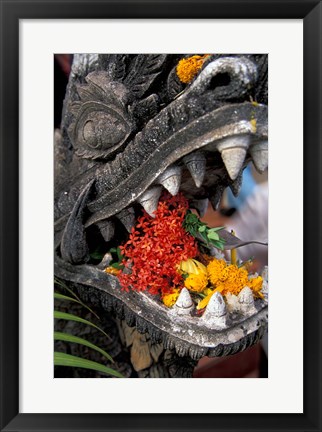 Framed Flower Offerings in Stone Dragon&#39;s Mouth, Laos Print