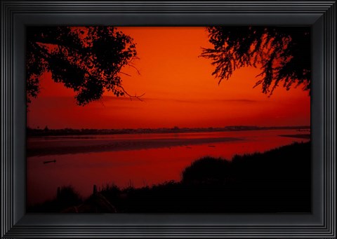 Framed Sunset on Mekong River and Boats, Laos Print
