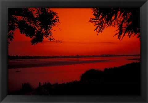 Framed Sunset on Mekong River and Boats, Laos Print