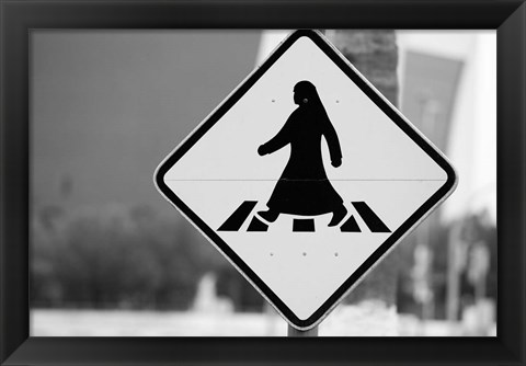 Framed Qatar, Ad Dawhah, Doha. Arabian Pedestrian Crossing Sign / Al-Corniche Street Print