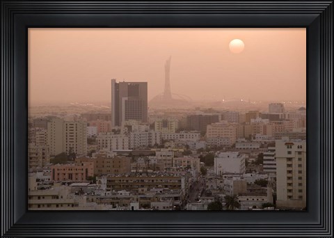 Framed Qatar, Ad Dawhah, Doha. Aerial View of Dowtown / Sunset Print