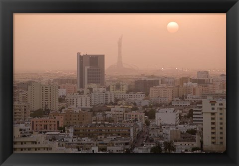 Framed Qatar, Ad Dawhah, Doha. Aerial View of Dowtown / Sunset Print