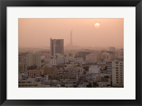 Framed Qatar, Ad Dawhah, Doha. Aerial View of Dowtown / Sunset Print