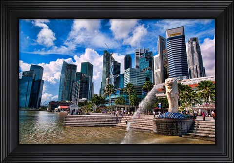 Framed Merlion, symbol of Singapore, and downtown skyline in Fullerton area of Clarke Quay. Print