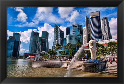 Framed Merlion, symbol of Singapore, and downtown skyline in Fullerton area of Clarke Quay. Print