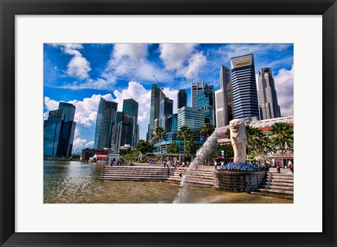 Framed Merlion, symbol of Singapore, and downtown skyline in Fullerton area of Clarke Quay. Print