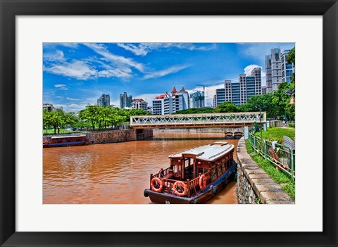 Framed Singapore skyline and tug boats on river. Print