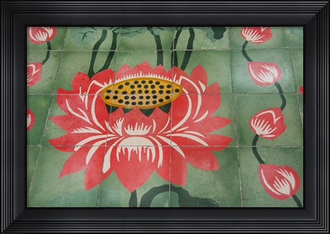 Framed Detail of temple lotus flower tile floor, Island of Penang, Malaysia Print