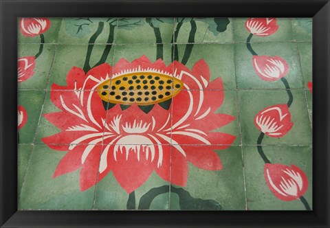 Framed Detail of temple lotus flower tile floor, Island of Penang, Malaysia Print