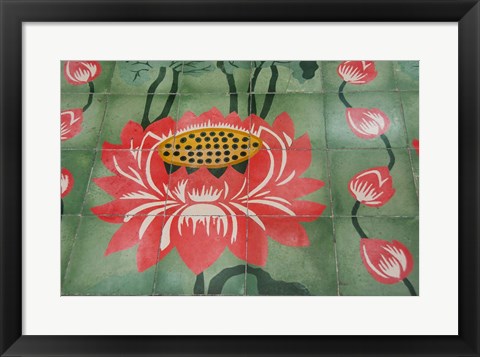 Framed Detail of temple lotus flower tile floor, Island of Penang, Malaysia Print