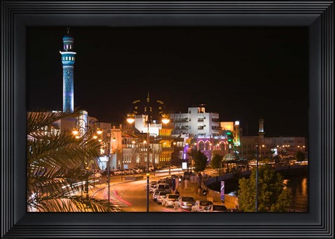 Framed Oman, Muscat, Mutrah. Mutrah Corniche Buildings / Evening Print