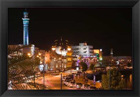 Framed Oman, Muscat, Mutrah. Mutrah Corniche Buildings / Evening Print