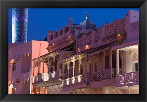 Framed Oman, Muscat, Mutrah. Mutrah Corniche, Restored Merchant Buildings / Evening Print