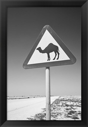 Framed Qatar, Al Zubarah. Camel Crossing Sign-Road to Al-Zubarah NW Qatar Print