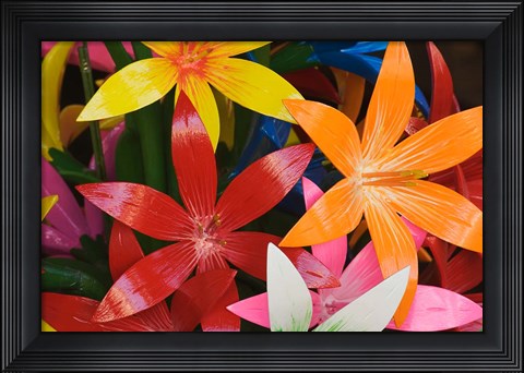 Framed Star shaped carved wooden flowers at market, Bo Sang, Chiang Mai, Thailand Print