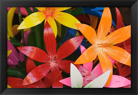 Framed Star shaped carved wooden flowers at market, Bo Sang, Chiang Mai, Thailand Print