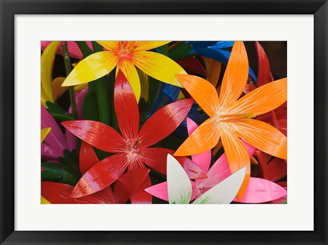 Framed Star shaped carved wooden flowers at market, Bo Sang, Chiang Mai, Thailand Print