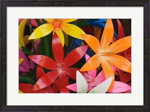 Framed Star shaped carved wooden flowers at market, Bo Sang, Chiang Mai, Thailand Print