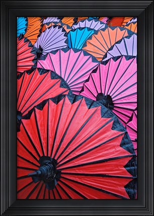 Framed Pattern of newly assembled decorative umbrellas drying in sun, Umbrella Making Center, Bo Sang, near Chiang Mai, Thailand. Print