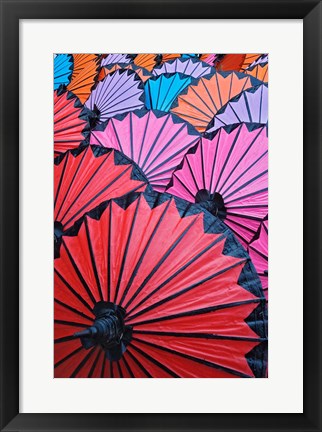 Framed Pattern of newly assembled decorative umbrellas drying in sun, Umbrella Making Center, Bo Sang, near Chiang Mai, Thailand. Print