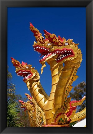 Framed Trio of dragon heads, Wat Phra That Doi Suthep Rajvoravihara, Chiang Mai, Thailand Print