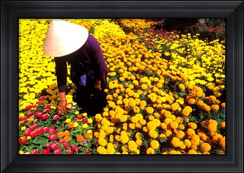 Framed Beautiful Graphic with Woman in Straw Hat and Colorful Flowers Vietnam Mekong Delta Print