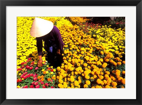 Framed Beautiful Graphic with Woman in Straw Hat and Colorful Flowers Vietnam Mekong Delta Print