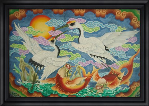 Framed Taiwan, Peimen, Nankunshen Temple, Ceiling mural of cranes and catfish Print