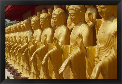 Framed Taiwan, Foukuangshan Temple, Standing gold-colored Buddha statues at a Buddhist shrine Print