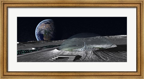 Framed domed crater is home to a lunar city Earth rises in the background Print