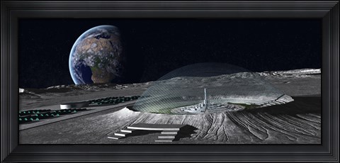 Framed domed crater is home to a lunar city Earth rises in the background Print
