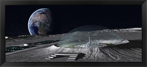 Framed domed crater is home to a lunar city Earth rises in the background Print