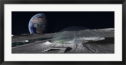 Framed domed crater is home to a lunar city Earth rises in the background Print