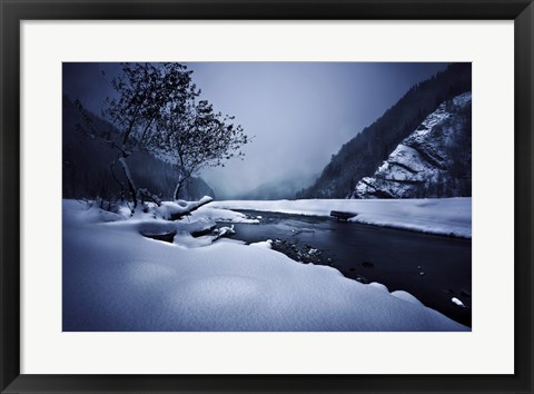 Framed Small river in the misty, snowy mountains of Ritsa Nature Reserve Print