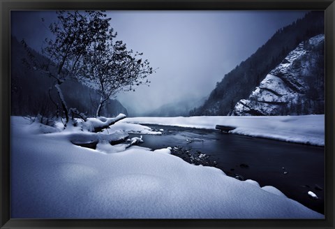 Framed Small river in the misty, snowy mountains of Ritsa Nature Reserve Print