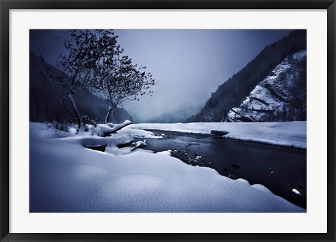 Framed Small river in the misty, snowy mountains of Ritsa Nature Reserve Print